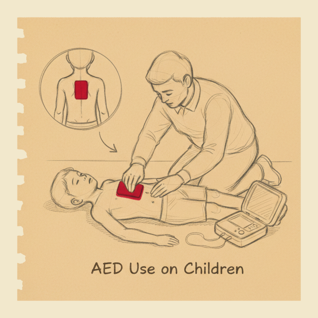 Field sketch: AED use on children — paediatric pads, adult pads, and the rule that the AED is for any age