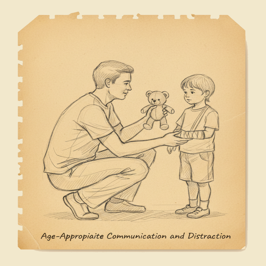 Field sketch: Communication and distraction — talking to a frightened child while you provide first aid