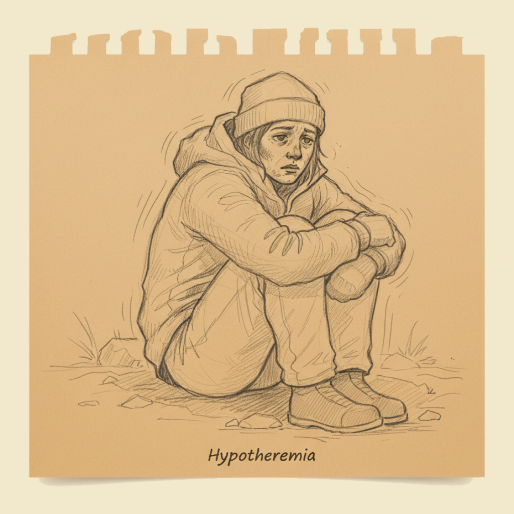 Field sketch: Hypothermia — handle gently, rewarm slowly